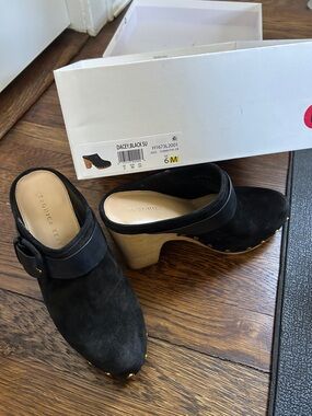 Veronica Beard Black Suede Dacey Clog Mules with Natural Wood Heel